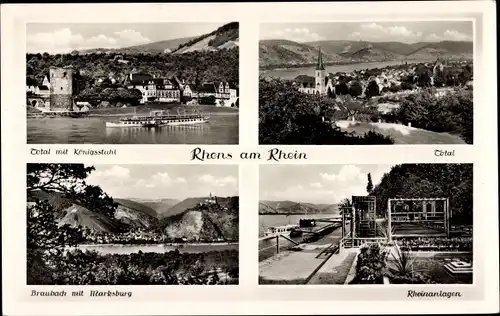 Ak Rhens am Rhein, Totalansicht, Rheinanlagen, Braubach mit Marksburg, Königsstuhl