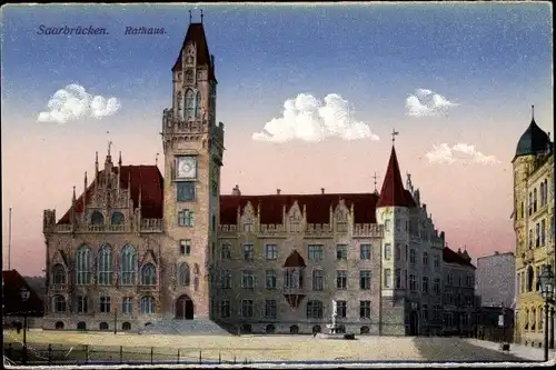 Ak Saarbrücken, Rathaus, Brunnen