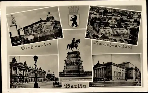Ak Berlin, Wappen, Reichstagsgebäude, Schloss, Zeughaus, Staatsoper, Denkmal Friedrich d. Große