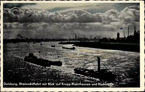 Ak Duisburg im Ruhrgebiet, Rheinschifffahrt mit Blick auf Krupp Rheinhausen und Huckingen