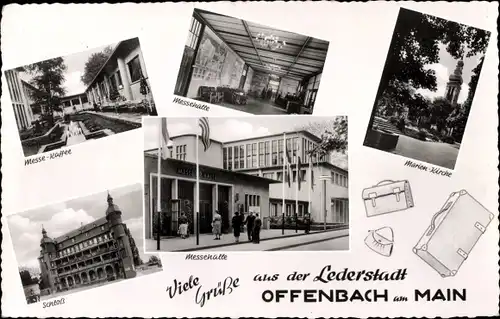 Ak Offenbach am Main Hessen, Messehalle, Eingang u. Inneres, Messecafé, Marienkirche, Schloss