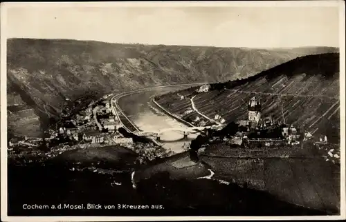 Ak Cochem an der Mosel, Blick von 3 Kreuzen aus