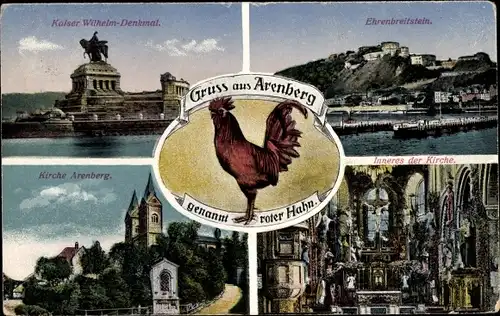 Ak Arenberg Koblenz am Rhein, Kaiser Wilhelm Denkmal, Roter Hahn, Kirche, Innenansicht