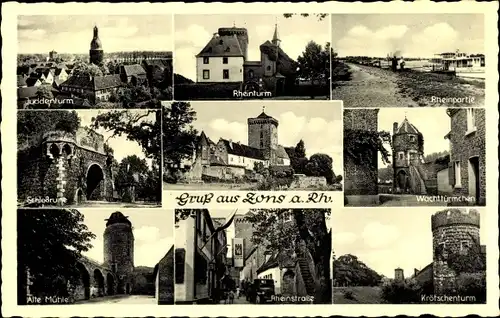 Ak Zons Dormagen am Niederrhein, Rheinturm, Rheinpartie, Schlossruine, Alte Mühle