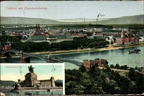 Ak Koblenz am Rhein, Ortsansicht mit Eisenbahnbrücke, Deutsches Eck