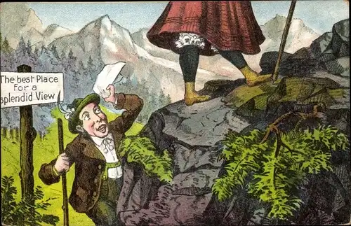 Ak Wanderer schaut Frau unter den Rock, best place for a splendid view