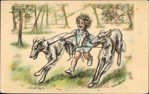 Künstler Ak Bouret, Germaine, Mädchen rennt mit zwei Windhunden durch den Park