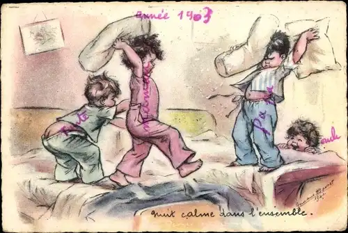 Künstler Ak Bouret, Germaine, Kinder bei einer Kissenschlacht