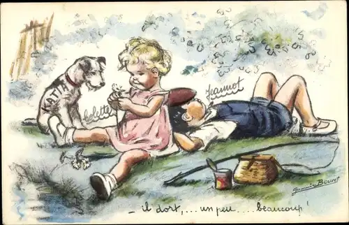 Künstler Ak Bouret, Germaine, Il dort, un peu, beaucoup, Junge und Mädchen, Hund