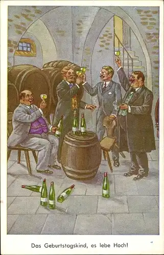 Ak Glückwunsch Geburtstag, Das Geburtstagskind lebe Hoch, Männer trinken Wein