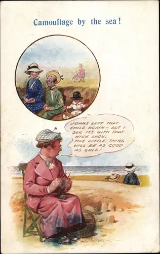 Ak Camouflage by the sea, strickende Frau, Strandpartie