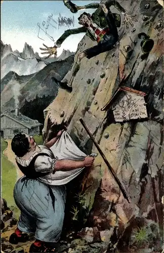 Künstler Ak Wanderer beim Absturz, Frau hält Schürze auf