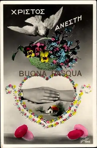 Ak Glückwunsch Ostern, Buona Pasqua, Hände, Taube, Blumen, Ostereier