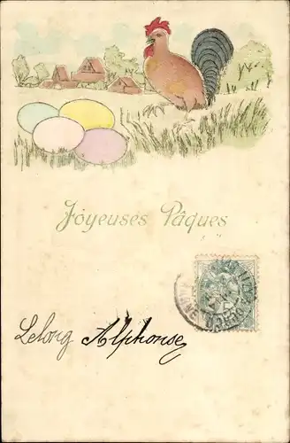 Ak Glückwunsch Ostern, Hahn und bunte Ostereier