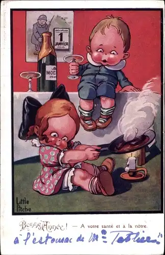 Künstler Ak Little Pitche, Glückwunsch Neujahr, Kinder trinken Sekt, Kerze, Sektflasche