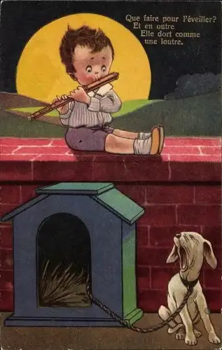 Ak Junge spielt Querflöte, jaulender Hund, Mondschein