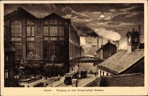 Mondschein Ak Essen, Eingang zu den Kruppschen Werken, Straßenbahnen, Denkmal