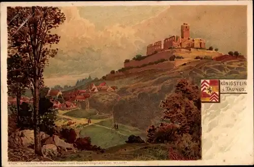 Künstler Litho Lauter, W., Königstein im Taunus Hessen, Blick auf die Burg Königstein, Dorf