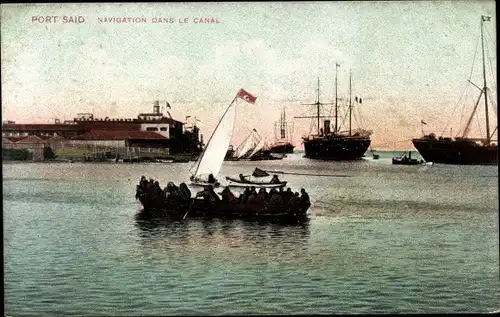 Ak Port Said Ägypten, Navigation dans le Canal, Dampfschiffe, Ruderboot