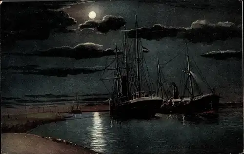 Ak Suez Ägypten, Suez Kanal, Segelschiffe, bei Nacht