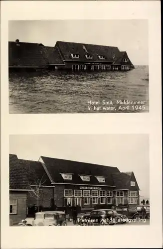Ak Middenmeer Nordholland Niederlande, Hotel Smit, In het water, April 1945