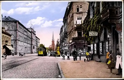 Ak Karlsruhe in Baden, Technische Hochschule in der Kaiserstraße, Straßenbahn, Geschäfte