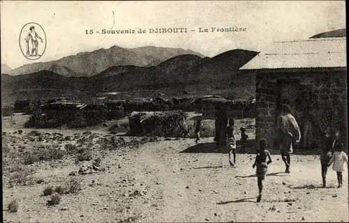 Ak Djibouti Dschibuti, La Frontière, Blick auf die Grenze, Kinder, Haus