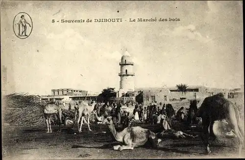 Ak Djibouti Dschibuti, Le Marché des bois, Holzmarkt, chameaux, Kamele