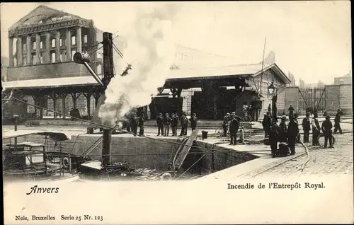 Ak Anvers Antwerpen Flandern, Incendie de l'Entrepot Royal, Brandunglück