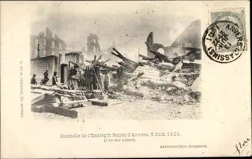 Ak Antwerpen Anvers Flandern, Indendie de l'Entrepot Royal 1901, vue des ruines