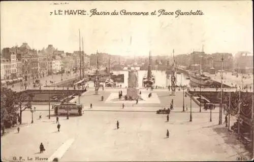 Ak Le Havre Seine Maritime, Bassin du Commerce et Place Gambetta