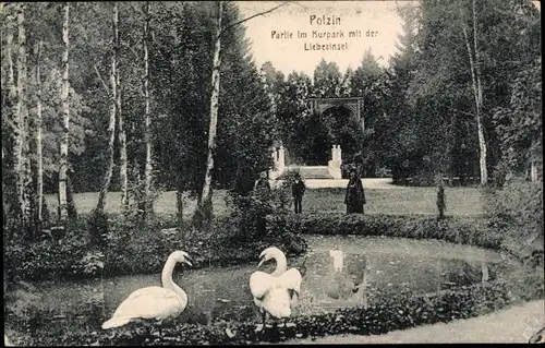 Ak Polczyn Zdrój Bad Polzin Pommern, Partie im Kurpark mit der Liebesinsel