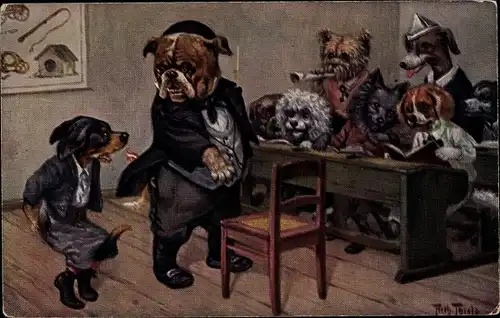 Künstler Ak Thiele, Arthur, Schwer von Begriffen, vermenschlichte Hunde in der Schule