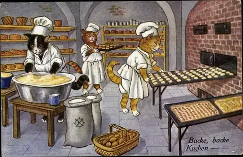 Ak Vermenschlichte Katzen in der Backstube, Bäcker, Backe backe Kuchen