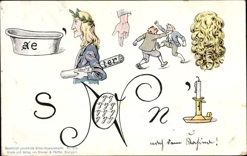 Rebus Ak Bilderrätsel, Badewanne, Perücke, Kerze