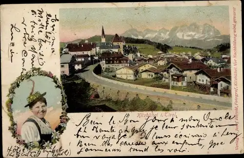 Ak Kitzbühel in Tirol, Totalansicht der Ortschaft, Frau in Tracht