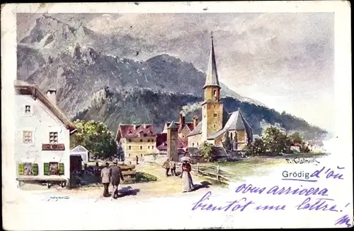 Künstler Ak Grödig in Salzburg, Blick auf den Ort, Kirche