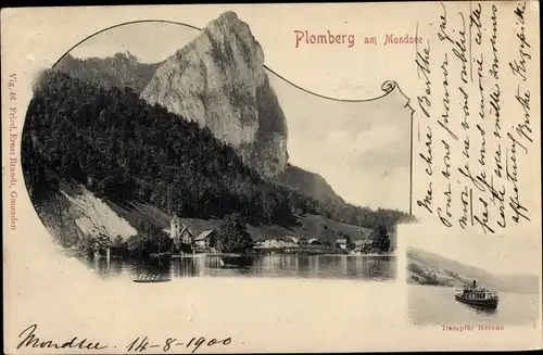 Ak Plomberg am Mondsee Salzkammergut Oberösterreich, Dampfer Helene, Blick auf den Ort