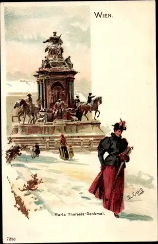 Künstler Litho Czech, Wien 1. Innere Stadt Österreich, Maria Theresia Denkmal, Winteransicht