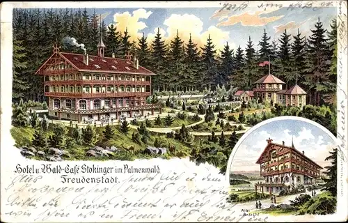 Litho Freudenstadt im Nordschwarzwald, Hotel und Waldcafe Stokinger, Palmenwald