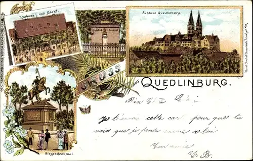 Litho Quedlinburg, Blick auf das Schloss, Rathaus, Markt und Siegesdenkmal