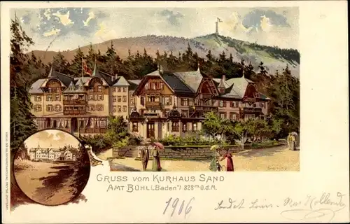 Künstler Litho Sand Bühl in Baden, Kurhaus Sand, Spaziergänger, Turm