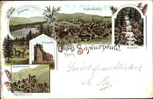 Litho Sasbachwalden im Schwarzwald, Hornisgrinde, Mummelsee, Brigittenschloss, Totale