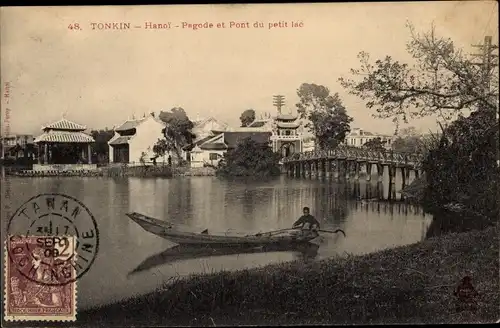 Ak Hanoi Tonkin Vietnam, Pagode et Pont du petit lac