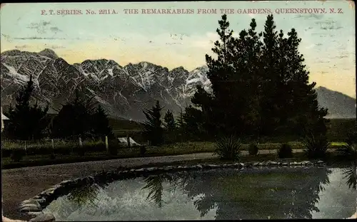 Ak Queenstown Neuseeland, The Remarkables from the Gardens