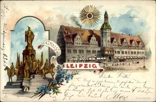 Sonnenschein Litho Leipzig in Sachsen, Siegesdenkmal, Rathaus