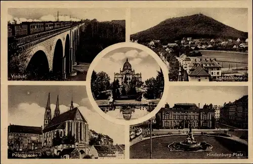 Ak Görlitz in der Lausitz,  Viadukt, Peterskirche, Hindenburg-Platz, Landeskrone, Ruhmeshalle
