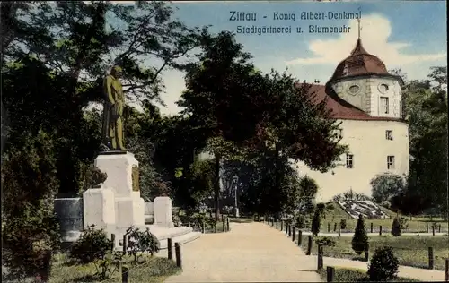 Ak Zittau, König-Albert-Denkmal, Stadtgärtnerei und Blumenuhr