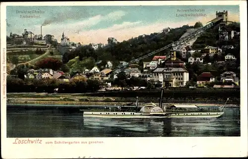 Ak Dresden Loschwitz, Salondampfer, Schwebebahn, Drahtseilbahn, Blick vom Schillergarten aus