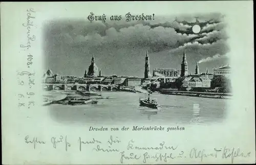 Mondschein Ak Dresden Altstadt, von der Marienbrücke gesehen